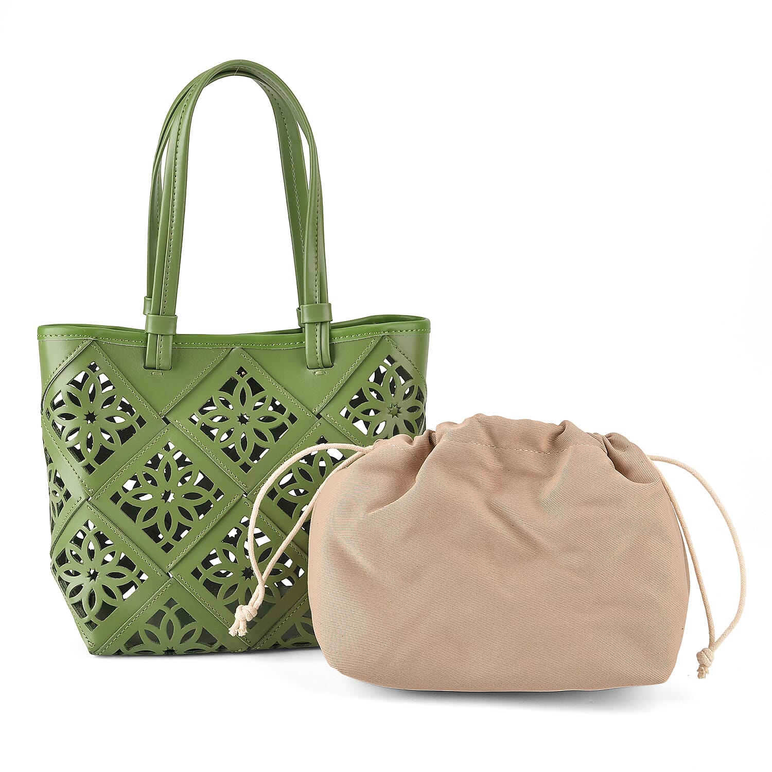 Genuine Leather Laser-Cut Tote Bag with Drawstring Pouch - Green
