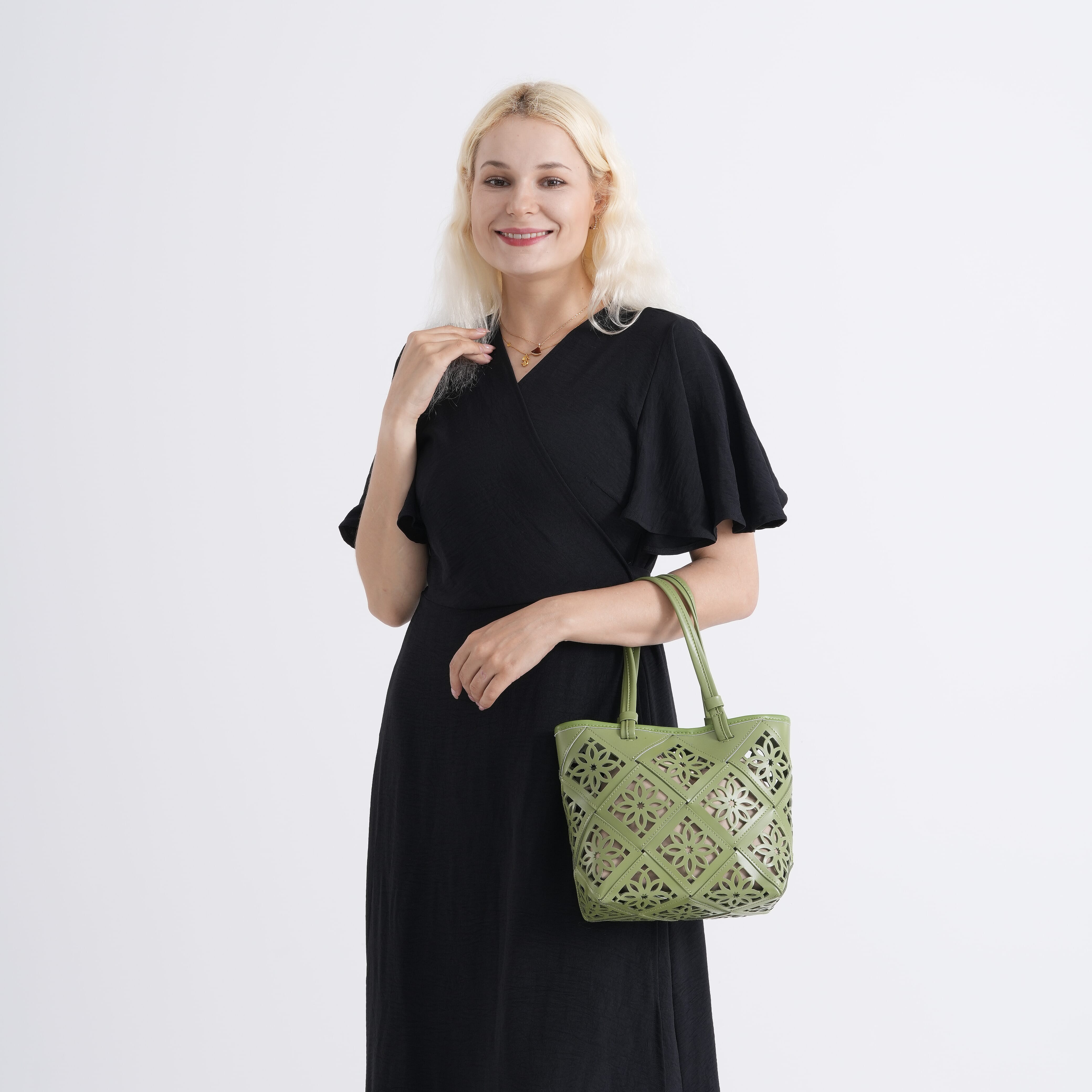 Genuine Leather Laser-Cut Tote Bag with Drawstring Pouch - Green