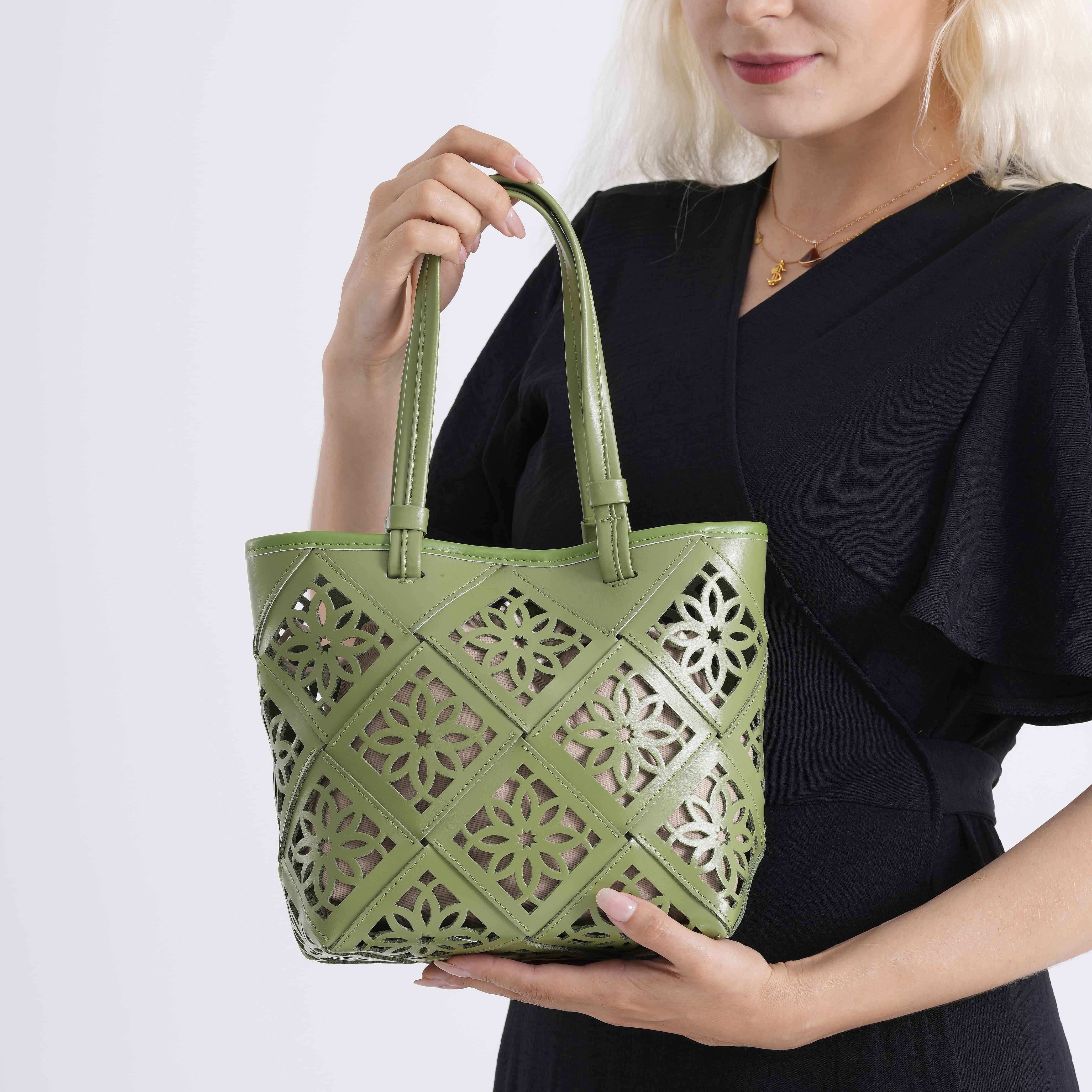 Genuine Leather Laser-Cut Tote Bag with Drawstring Pouch - Green