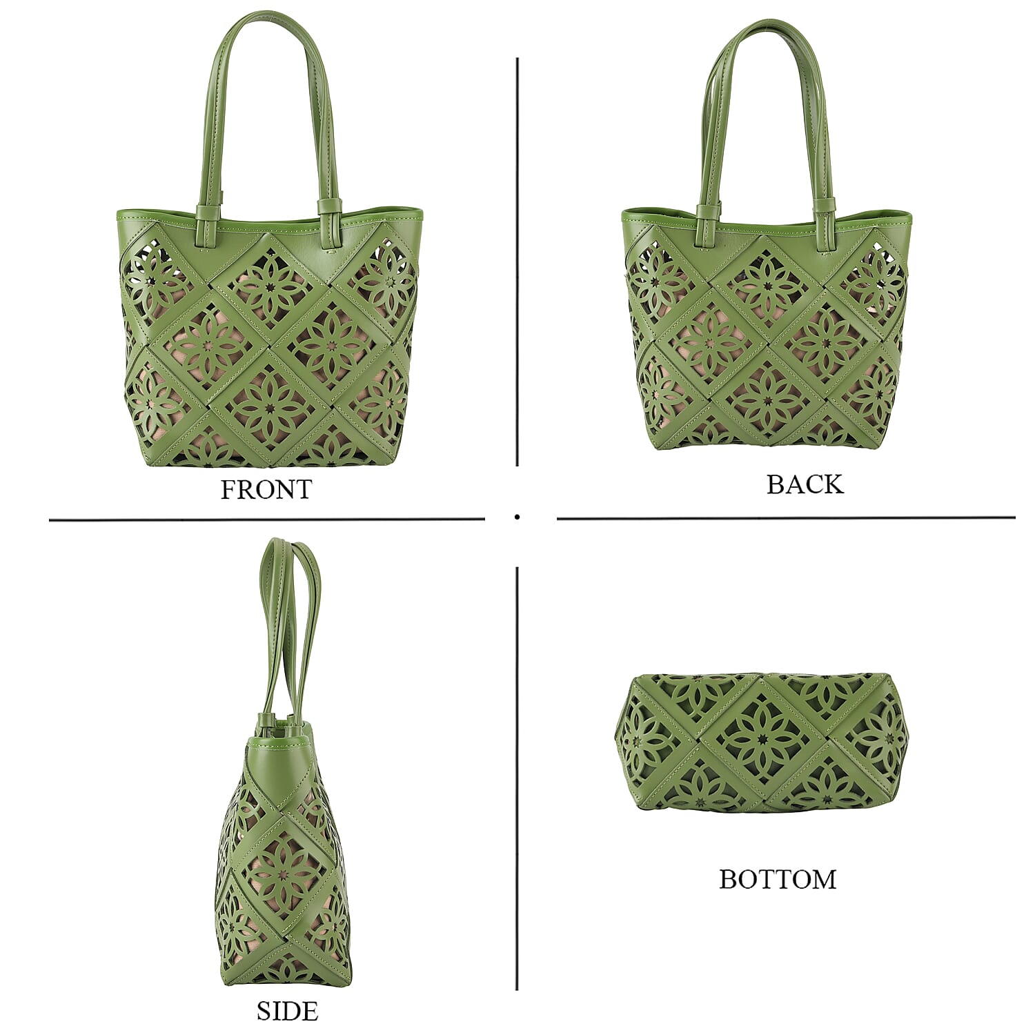 Genuine Leather Laser-Cut Tote Bag with Drawstring Pouch - Green
