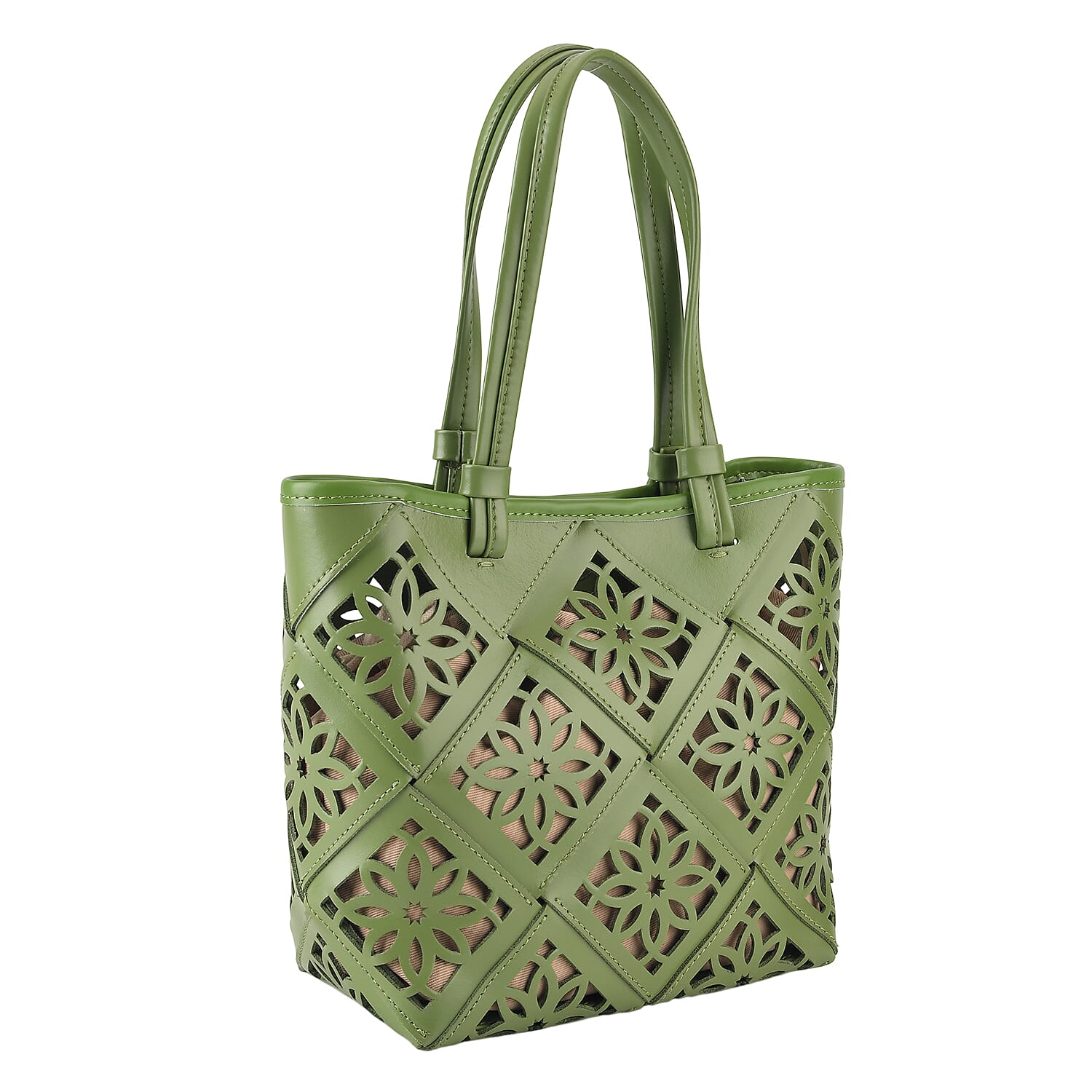 Genuine Leather Laser-Cut Tote Bag with Drawstring Pouch - Green