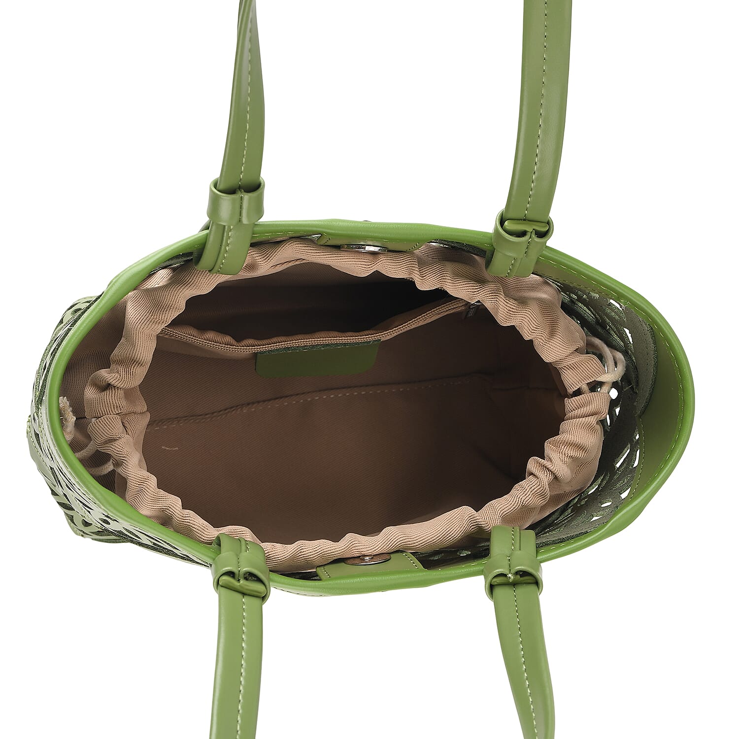 Genuine Leather Laser-Cut Tote Bag with Drawstring Pouch - Green
