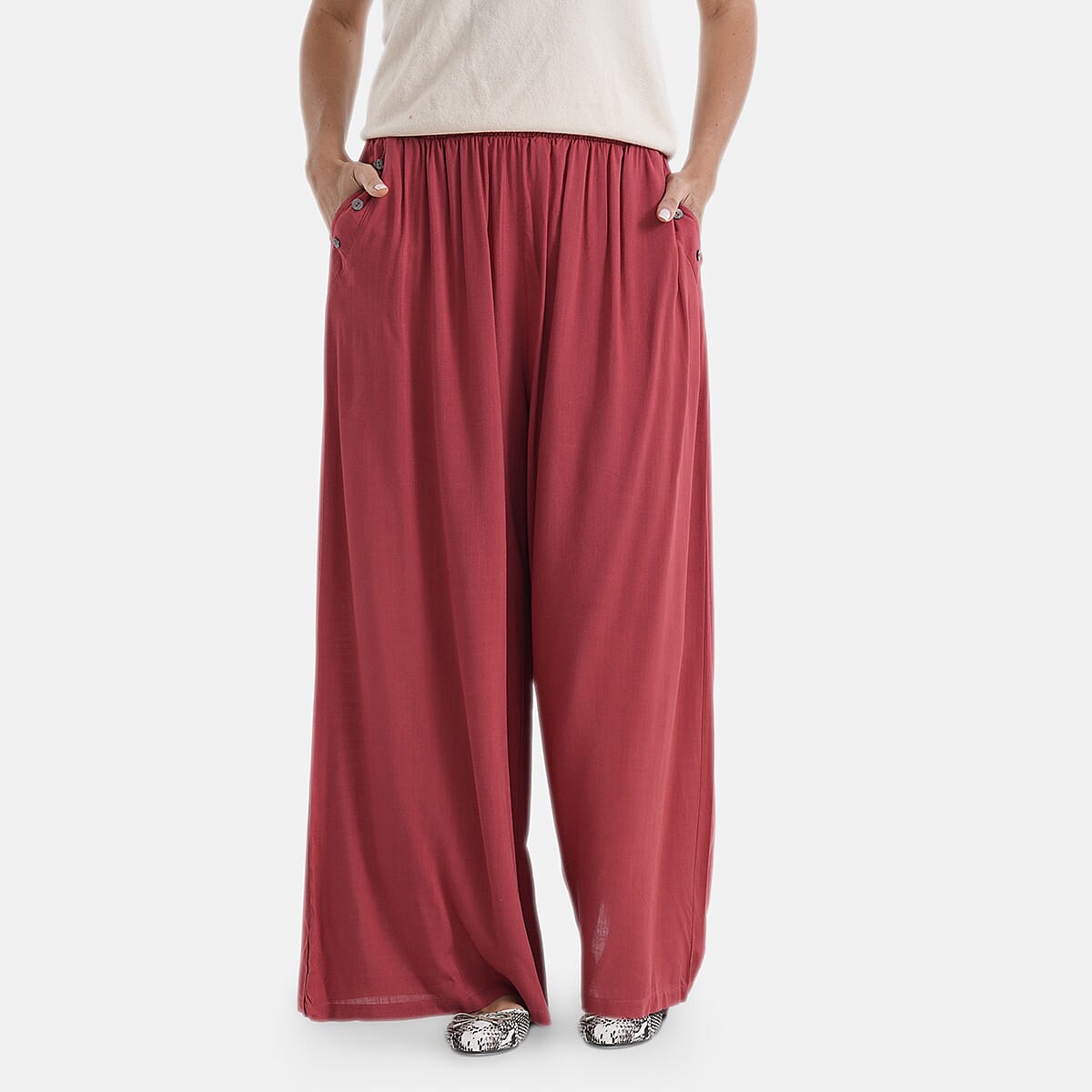 - Maisi Flared Wide-Leg Trousers with Elasticated Waist (One Size) - Red