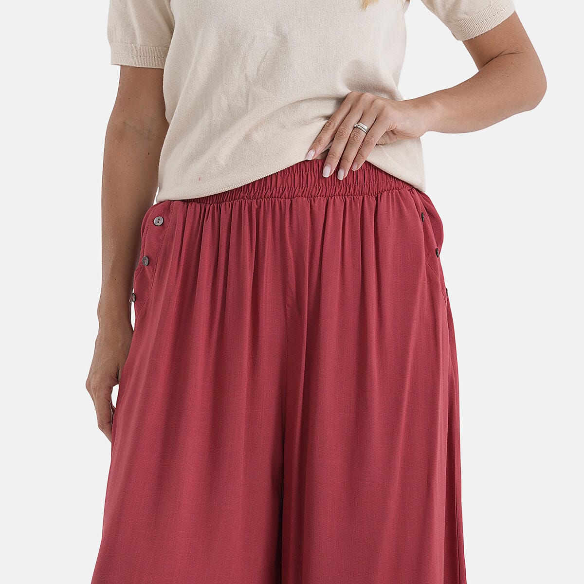 - Maisi Flared Wide-Leg Trousers with Elasticated Waist (One Size) - Red
