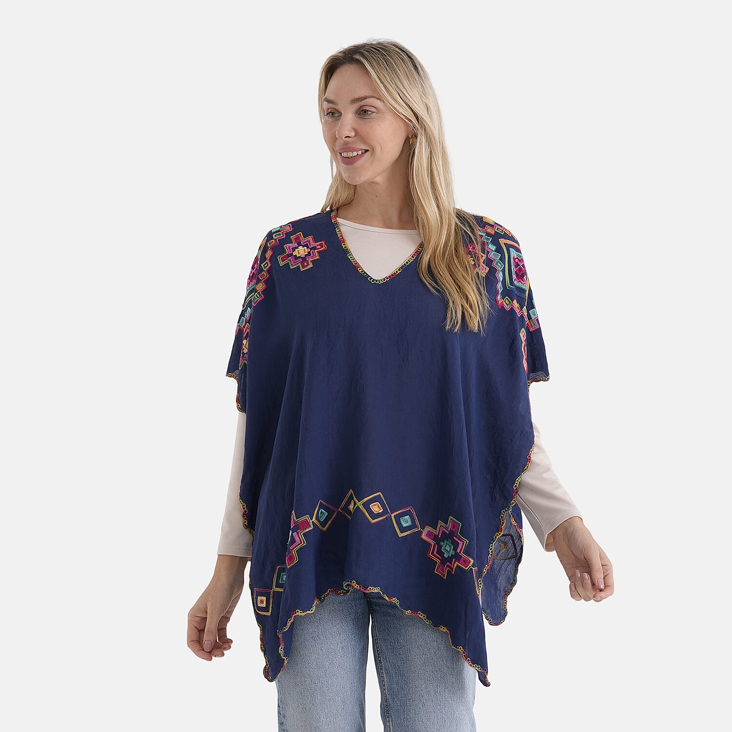 - Maisi Embroidered Two-Way Kaftan Top (One Size) - Navy.