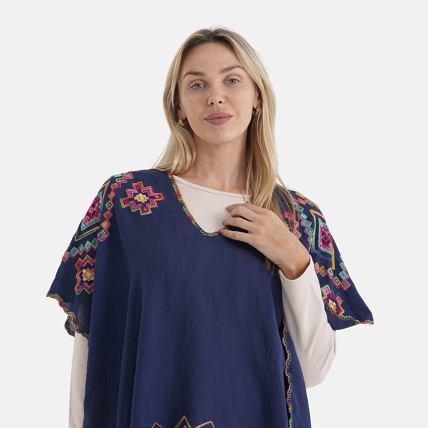 - Maisi Embroidered Two-Way Kaftan Top (One Size) - Navy.