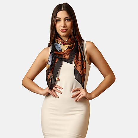 Valissiere 100% Mulberry Silk Digital Print Scarf (One Size) - Brown