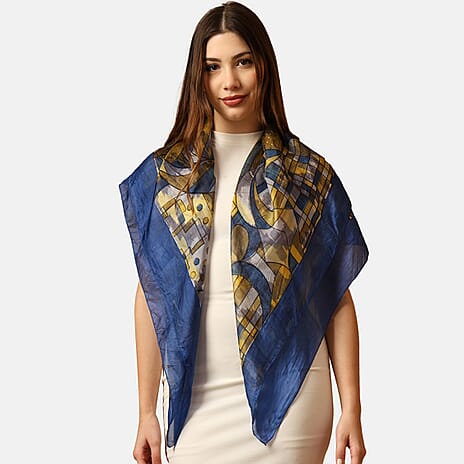 Valissiere 100% Mulberry Silk Digital Print Scarf (One Size) - Blue