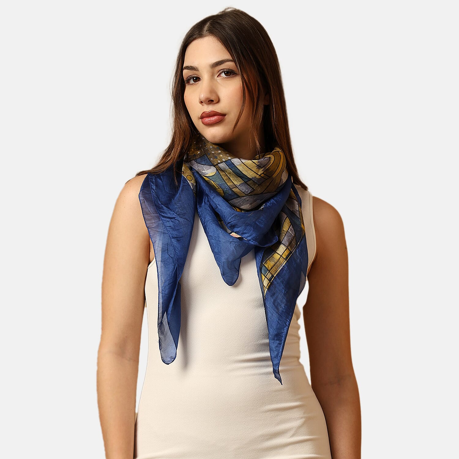 Valissiere 100% Mulberry Silk Digital Print Scarf (One Size) - Blue