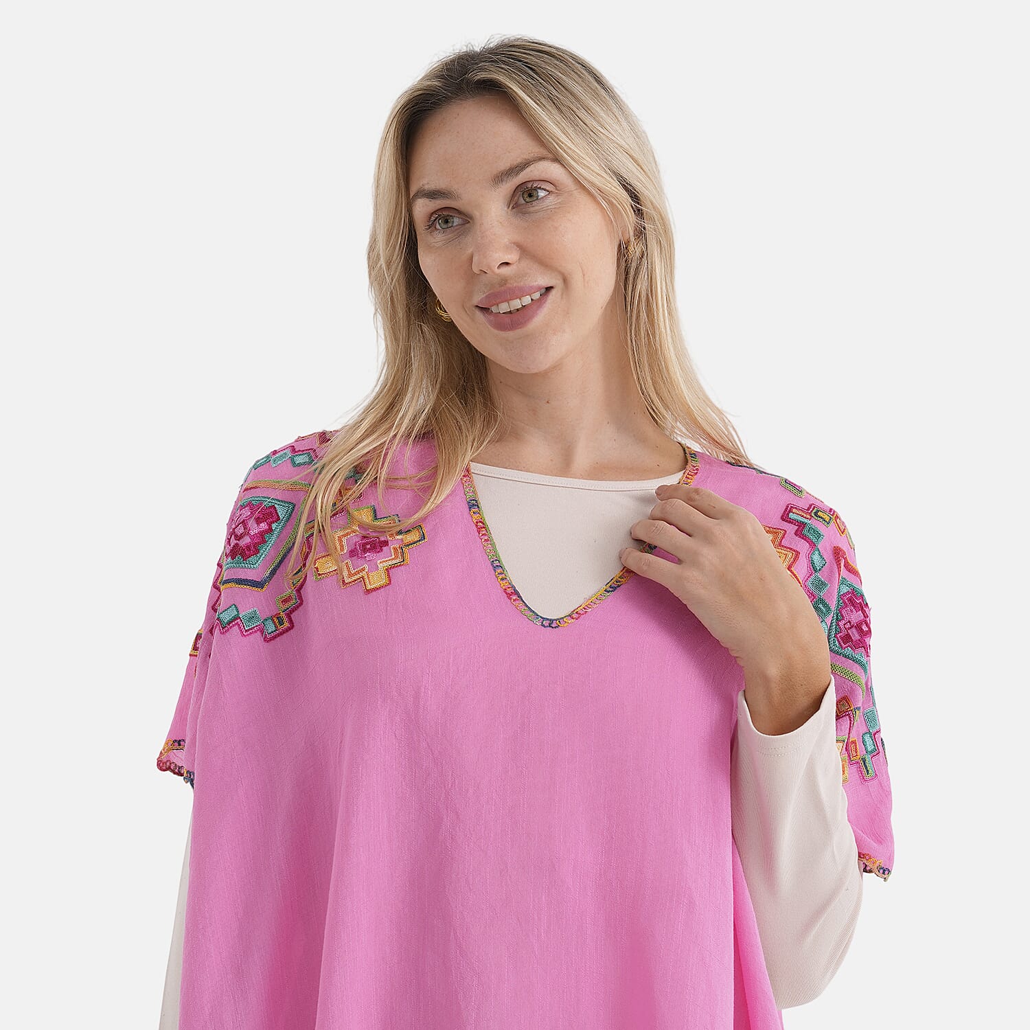 - Maisi Embroidered Two-Way Kaftan Top (One Size) - Pink.