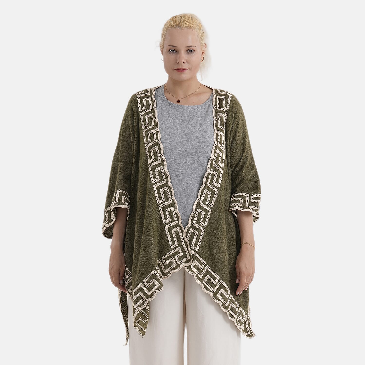 - Maisi Embroidered Short Kimono (One Size) - Army Green