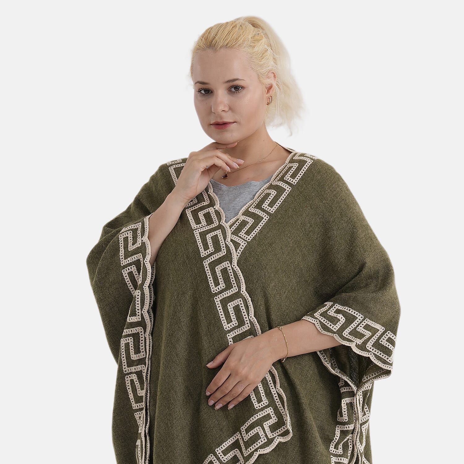 - Maisi Embroidered Short Kimono (One Size) - Army Green