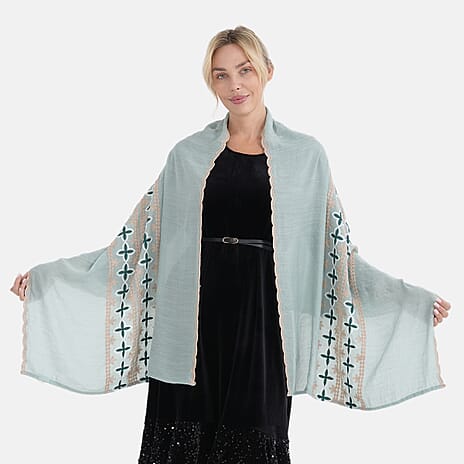 - Maisi Cotton Embroidery Scarf (66 x 180Cm) - Celedon Green