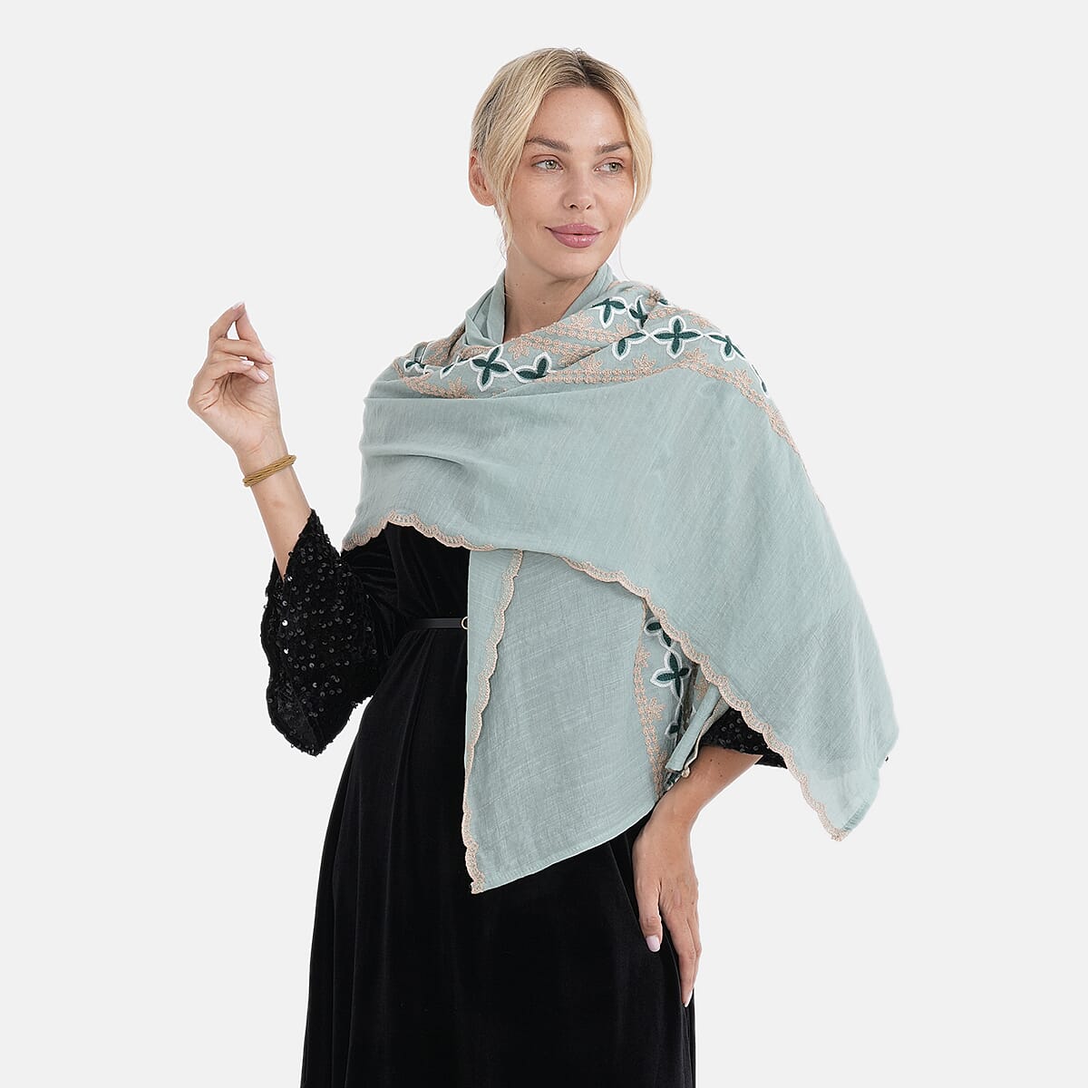 - Maisi Cotton Embroidery Scarf (66 x 180Cm) - Celedon Green