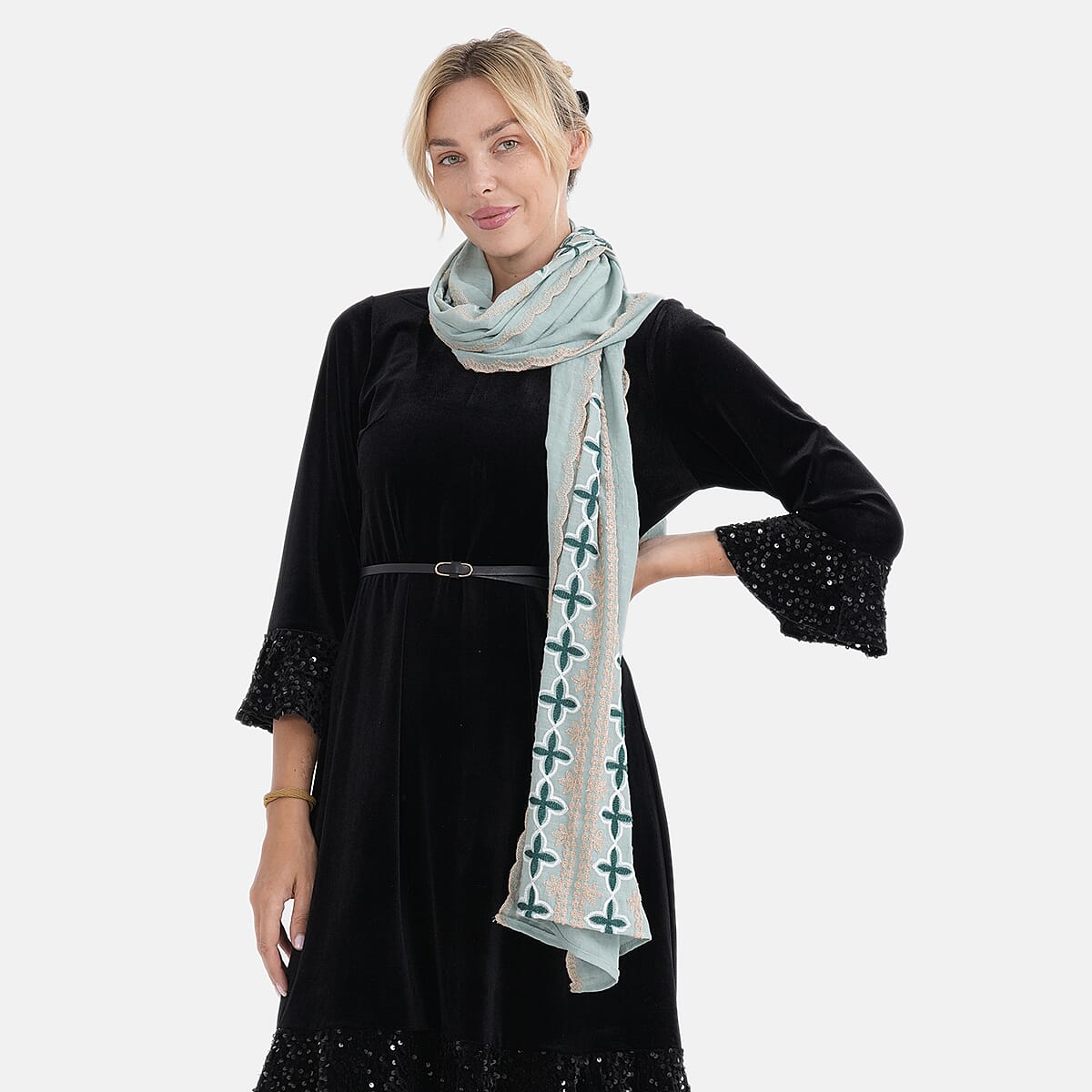- Maisi Cotton Embroidery Scarf (66 x 180Cm) - Celedon Green