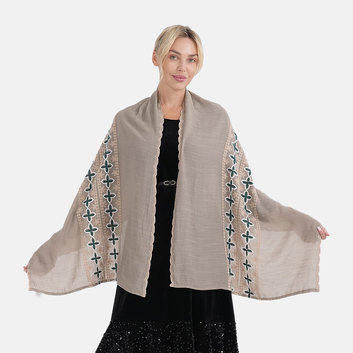 - Maisi Cotton Embroidery Scarf (66 x 180Cm) - Khaki