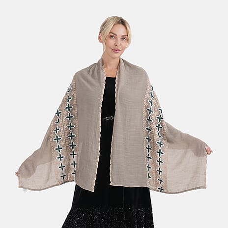 - Maisi Cotton Embroidery Scarf (66 x 180Cm) - Khaki