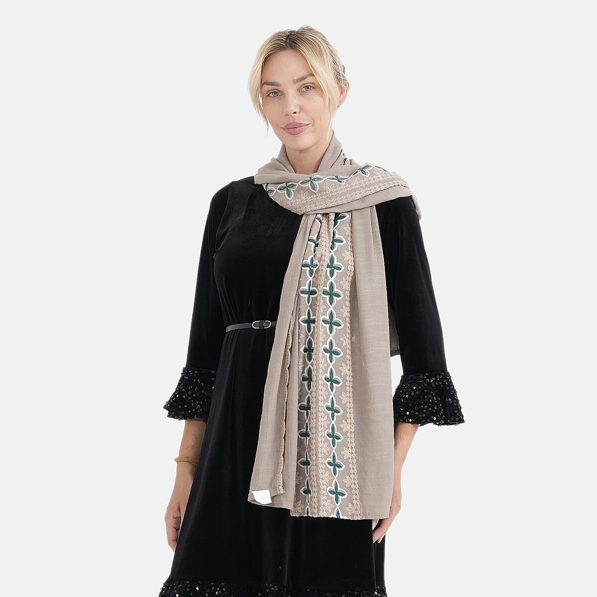 - Maisi Cotton Embroidery Scarf (66 x 180Cm) - Khaki
