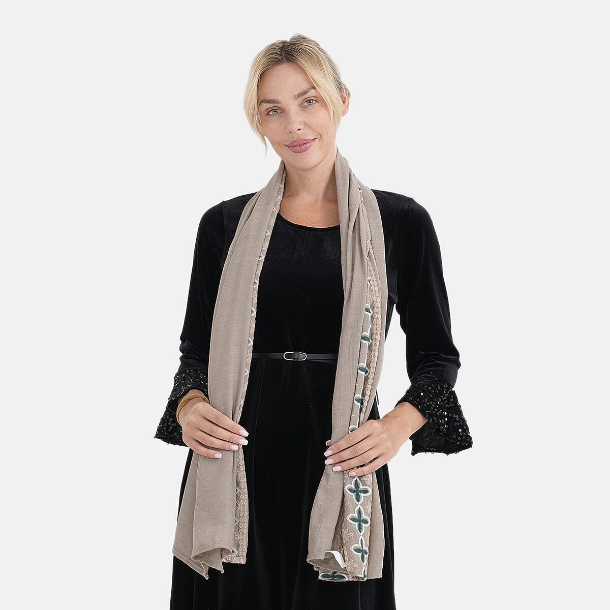 - Maisi Cotton Embroidery Scarf (66 x 180Cm) - Khaki