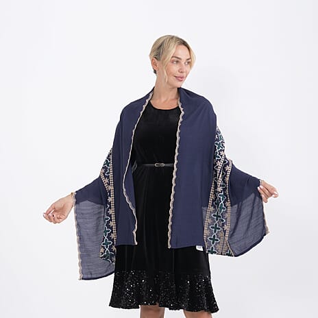 - Maisi Cotton Embroidery Scarf (66 x 180Cm) - Navy