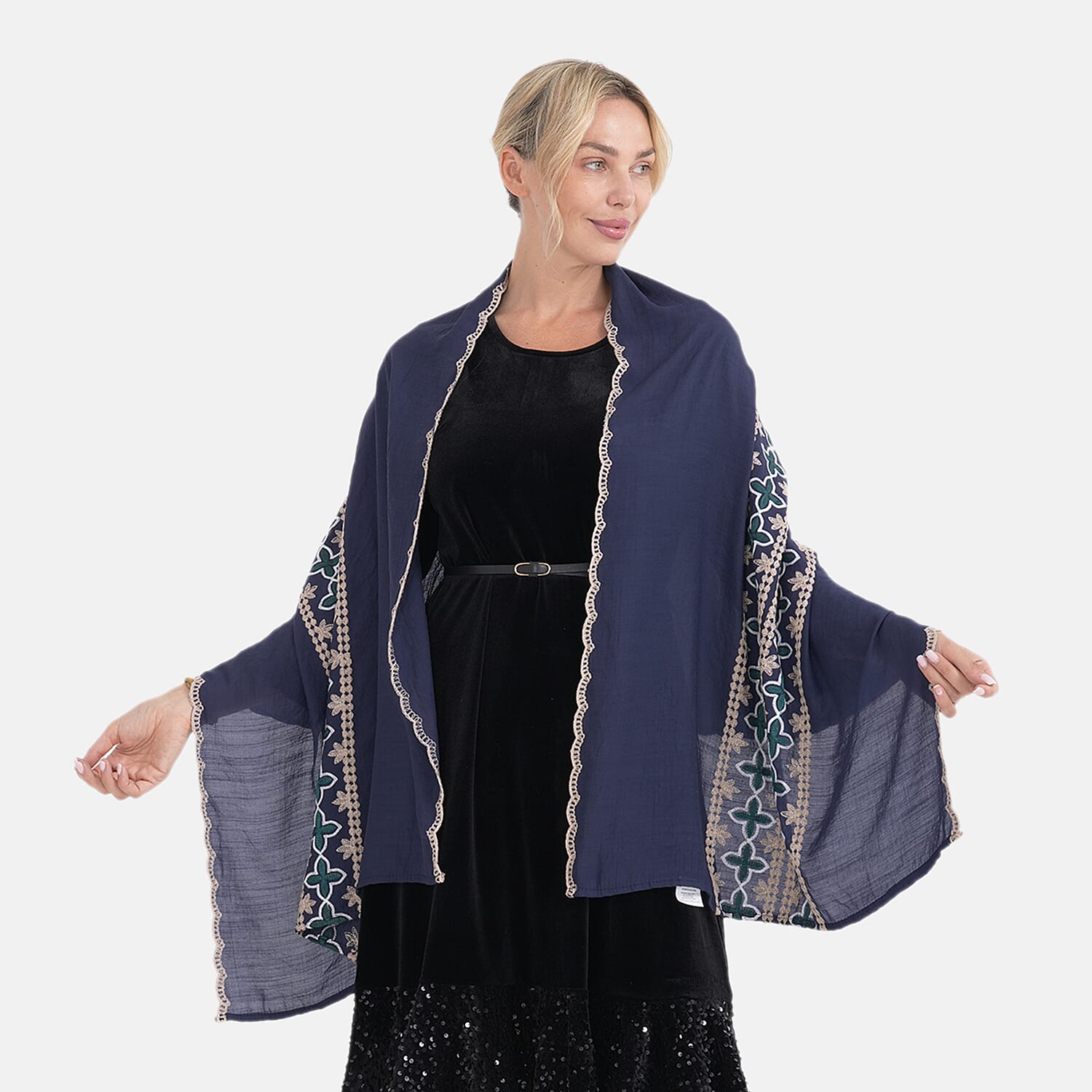 - Maisi Cotton Embroidery Scarf (66 x 180Cm) - Navy