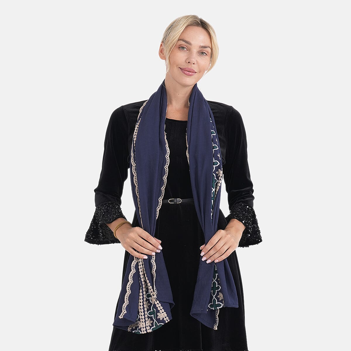 - Maisi Cotton Embroidery Scarf (66 x 180Cm) - Navy