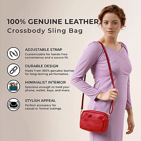 Valissiere Croc Embossed Genuine Leather Crossbody Sling Bag With Front Zip Pocket - Red