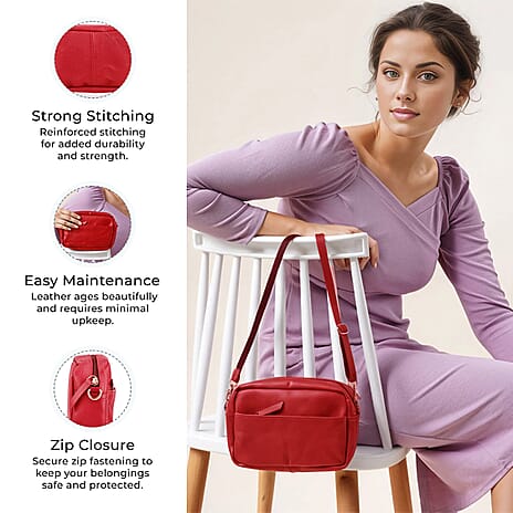 Valissiere Croc Embossed Genuine Leather Crossbody Sling Bag With Front Zip Pocket - Red