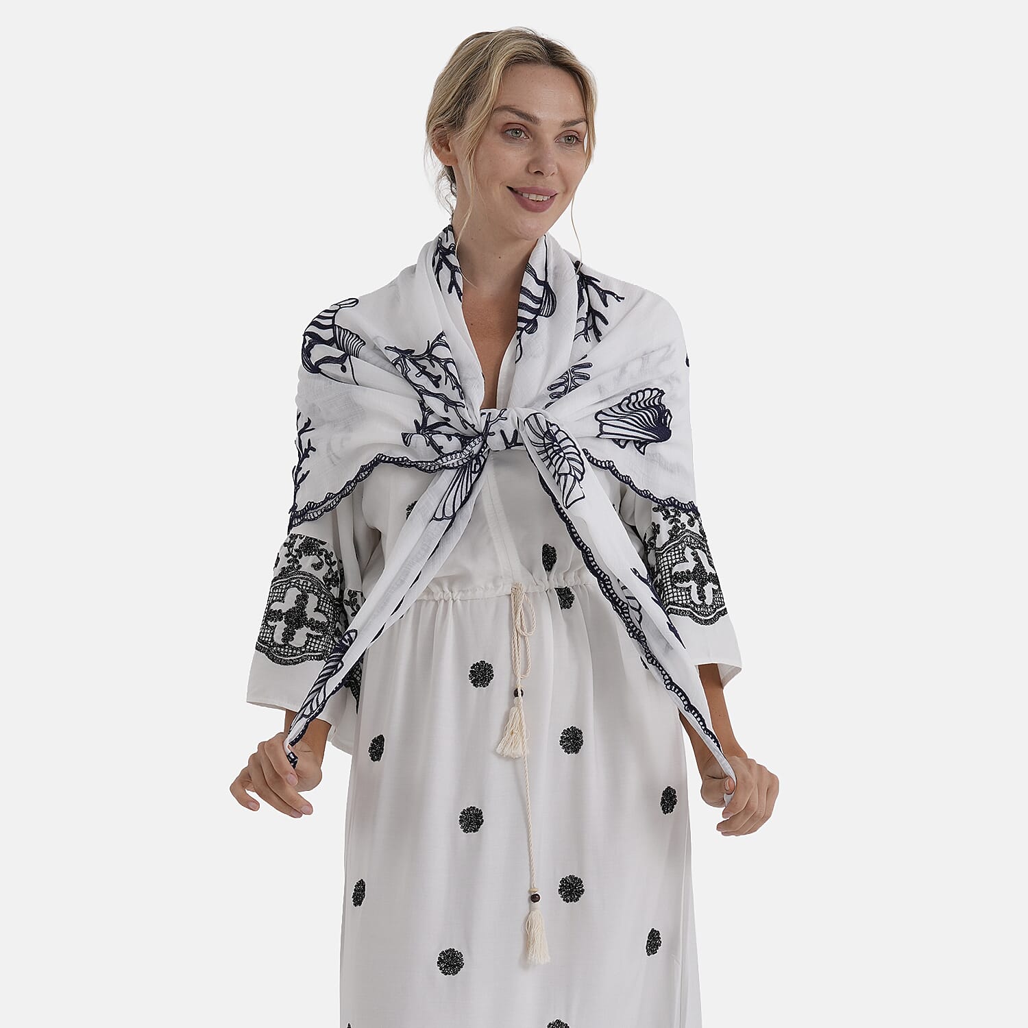La Marey Cotton Embroidery Scarf (Size - One Size) - White