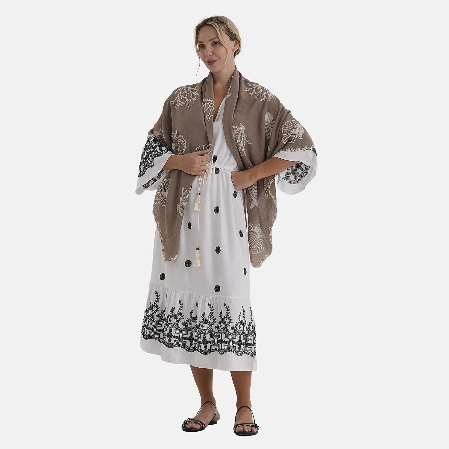 La Marey Cotton Embroidery Scarf (Size - One Size) - Brown