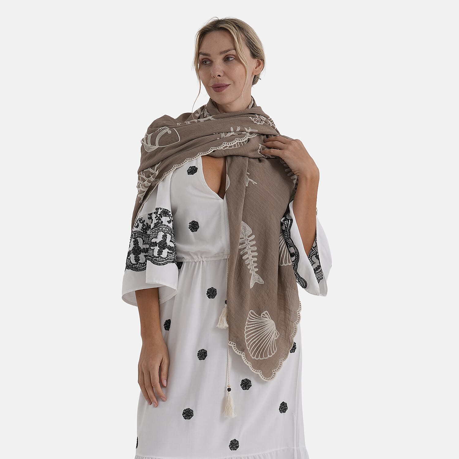 La Marey Cotton Embroidery Scarf (Size - One Size) - Brown