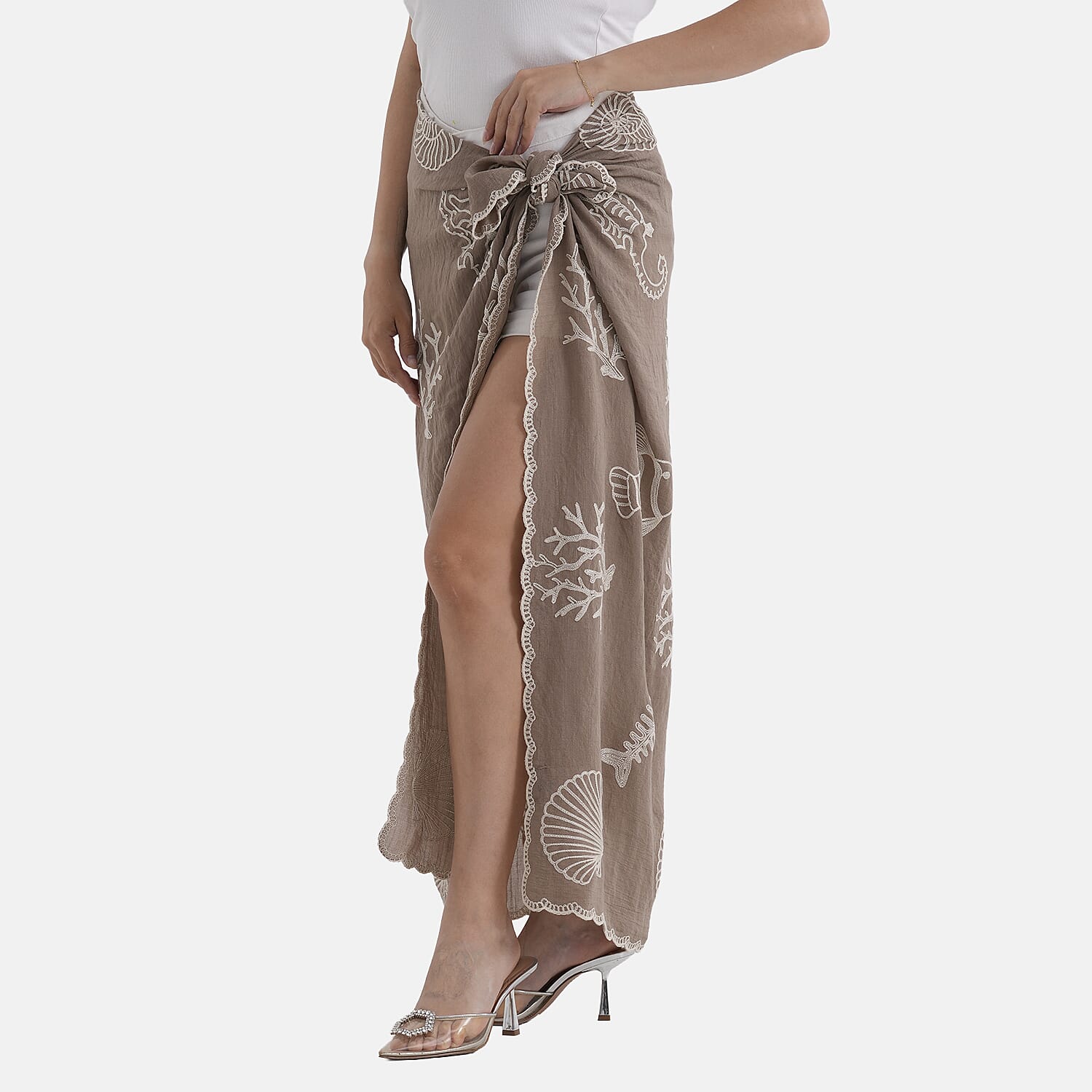 La Marey Cotton Embroidery Scarf (Size - One Size) - Brown