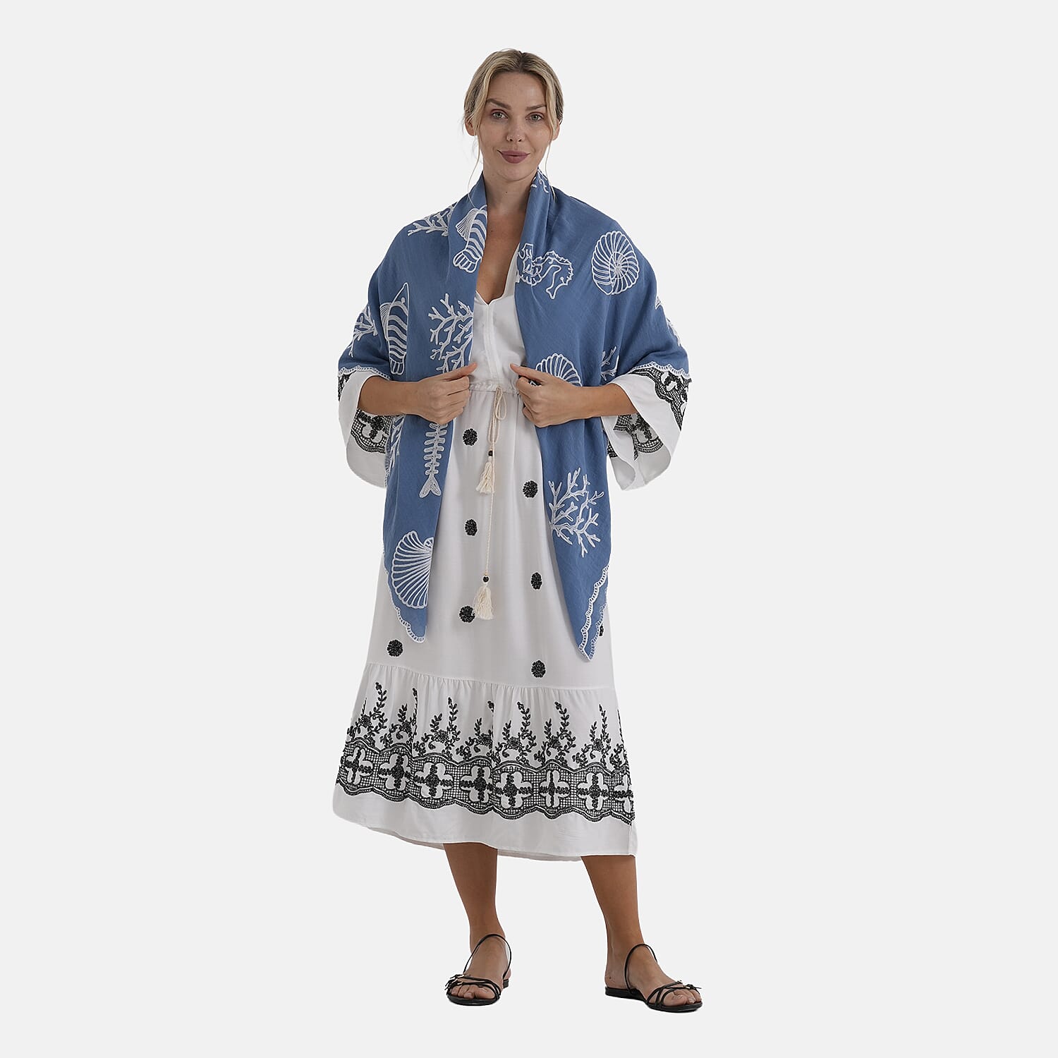 La Marey Cotton Embroidery Scarf (Size - One Size) - Blue