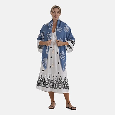 La Marey Cotton Embroidery Scarf (Size - One Size) - Blue