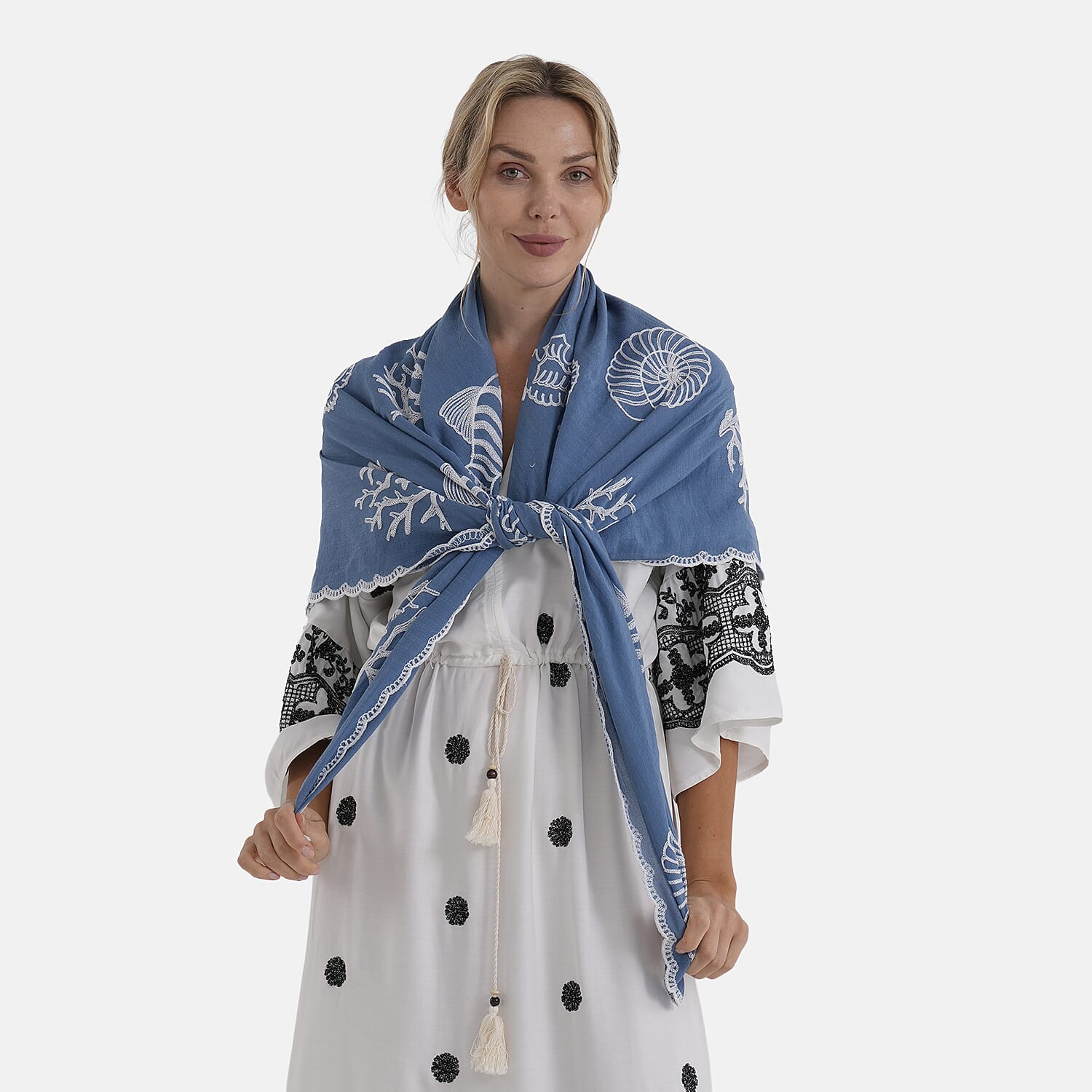 La Marey Cotton Embroidery Scarf (Size - One Size) - Blue