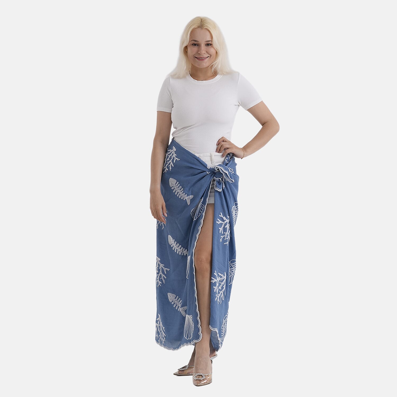 La Marey Cotton Embroidery Scarf (Size - One Size) - Blue