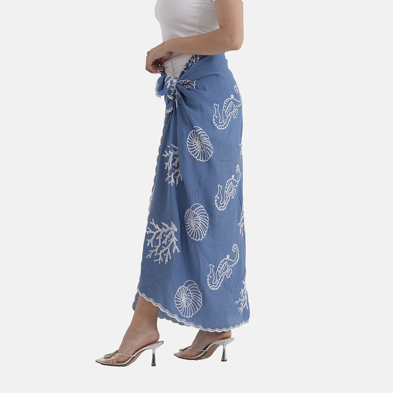 La Marey Cotton Embroidery Scarf (Size - One Size) - Blue