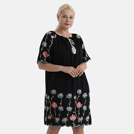 La Marey Embroidery Bohemian Tassel Dress (Size - L-XL, 16-22) - Black