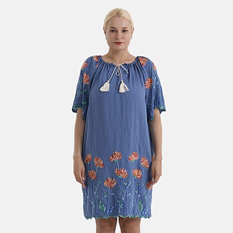 La Marey Embroidery Bohemian Tassel Dress (Size - L-XL, 16-22) - Blue