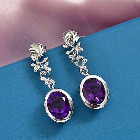 D'Joy - African Amethyst Solitaire floral Vine Earring with Push Back in Platinum Overlay Sterling Silver 5.05 Ct.