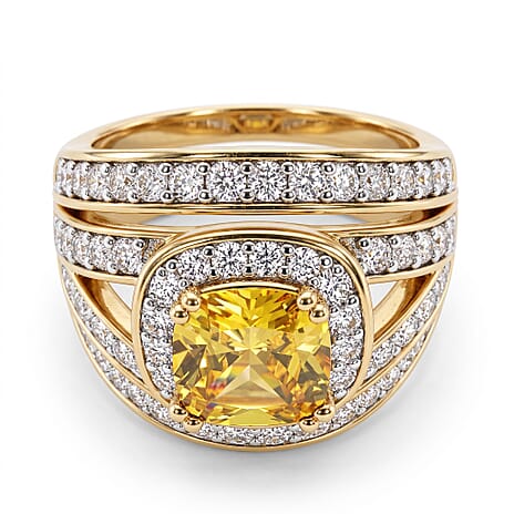 Cushion Cut Canary Yellow & White Cubic Zirconia Ring in Yellow Gold Tone