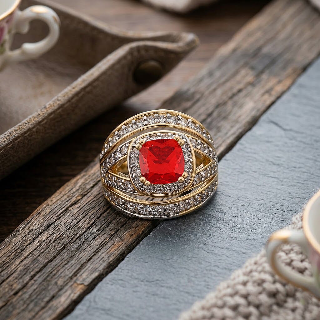 White Cubic Zirconia & Red Cubic Zirconia Ring in Yellow Gold Tone 1.50 Ct.