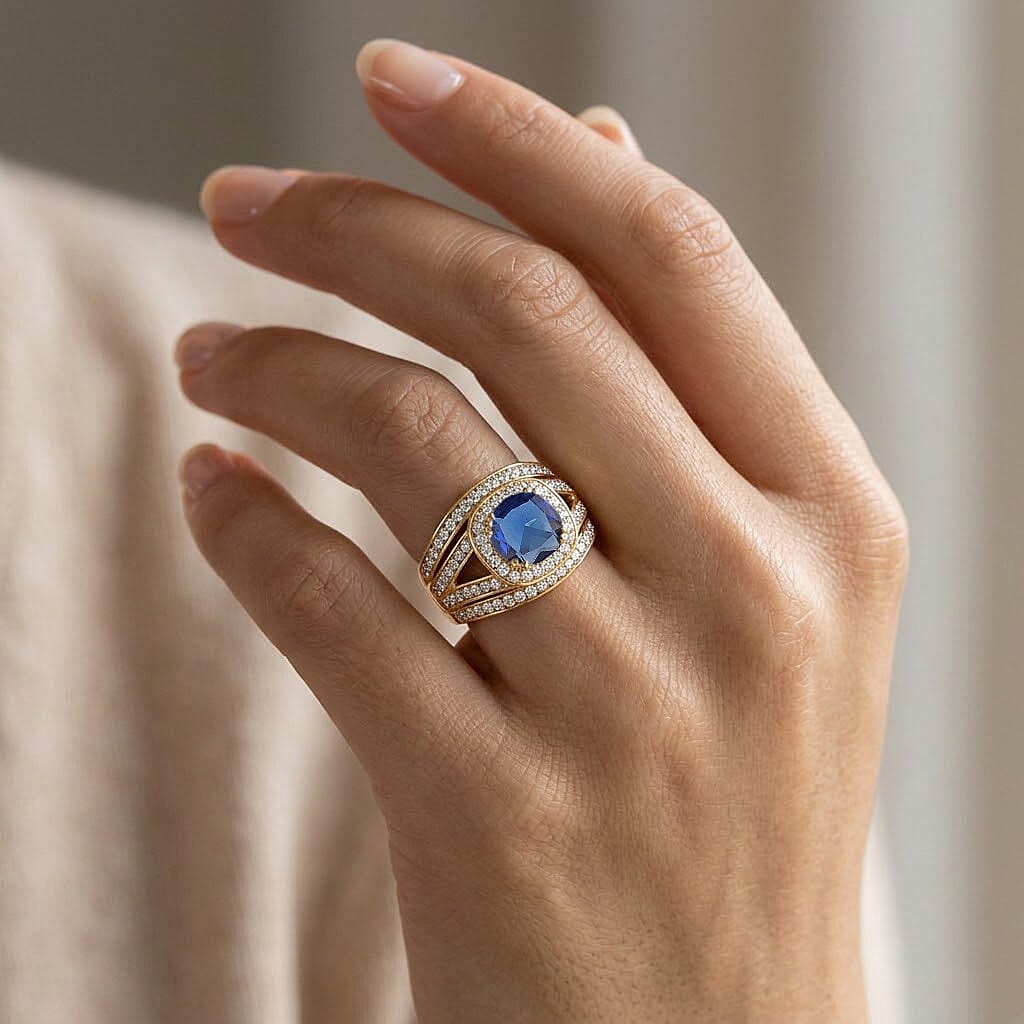 White Cubic Zirconia & Blue Cubic Zirconia Ring in Yellow Gold Tone 1.50 Ct.