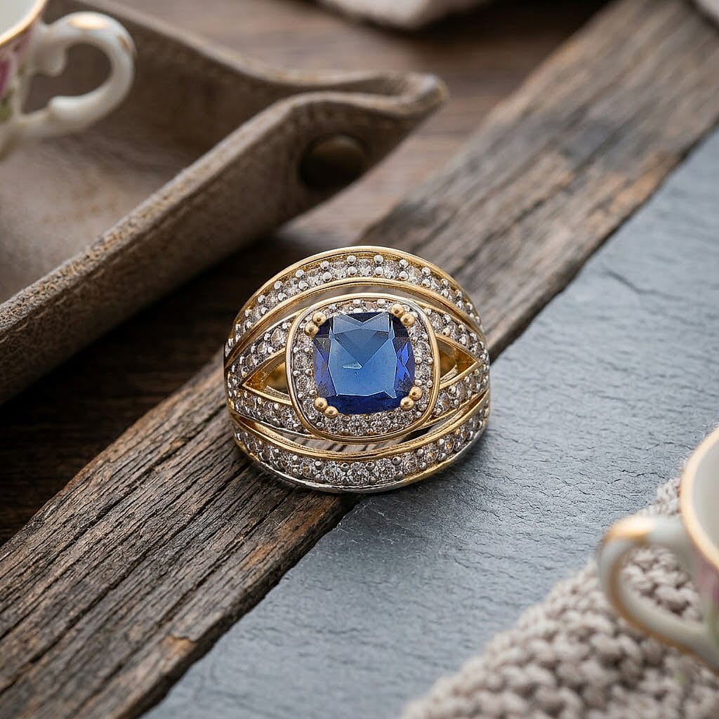 White Cubic Zirconia & Blue Cubic Zirconia Ring in Yellow Gold Tone 1.50 Ct.