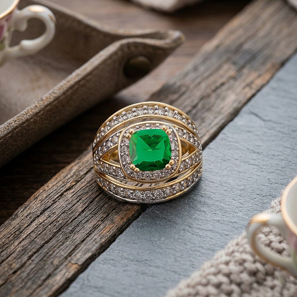 White Cubic Zirconia & Green Cubic Zirconia Ring in Yellow Gold Tone 1.50 Ct.