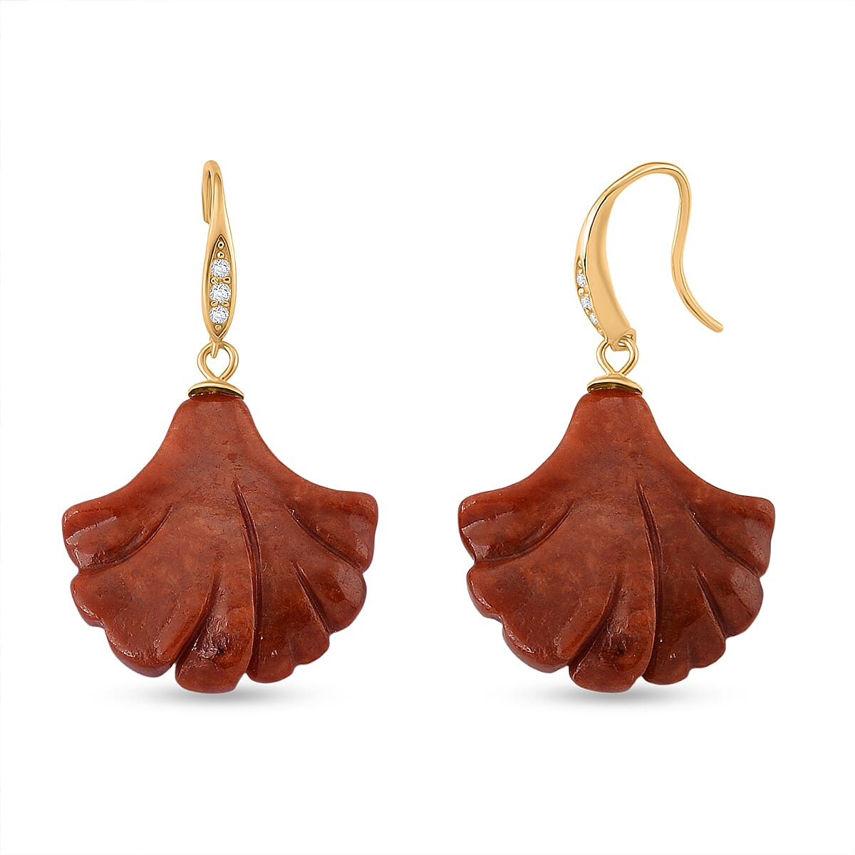 D'Joy Red Jade & White Cubic Zirconia Shell Drop Earring with Hook in Yellow Gold Plated Sterling Silver 32.00 Ct.