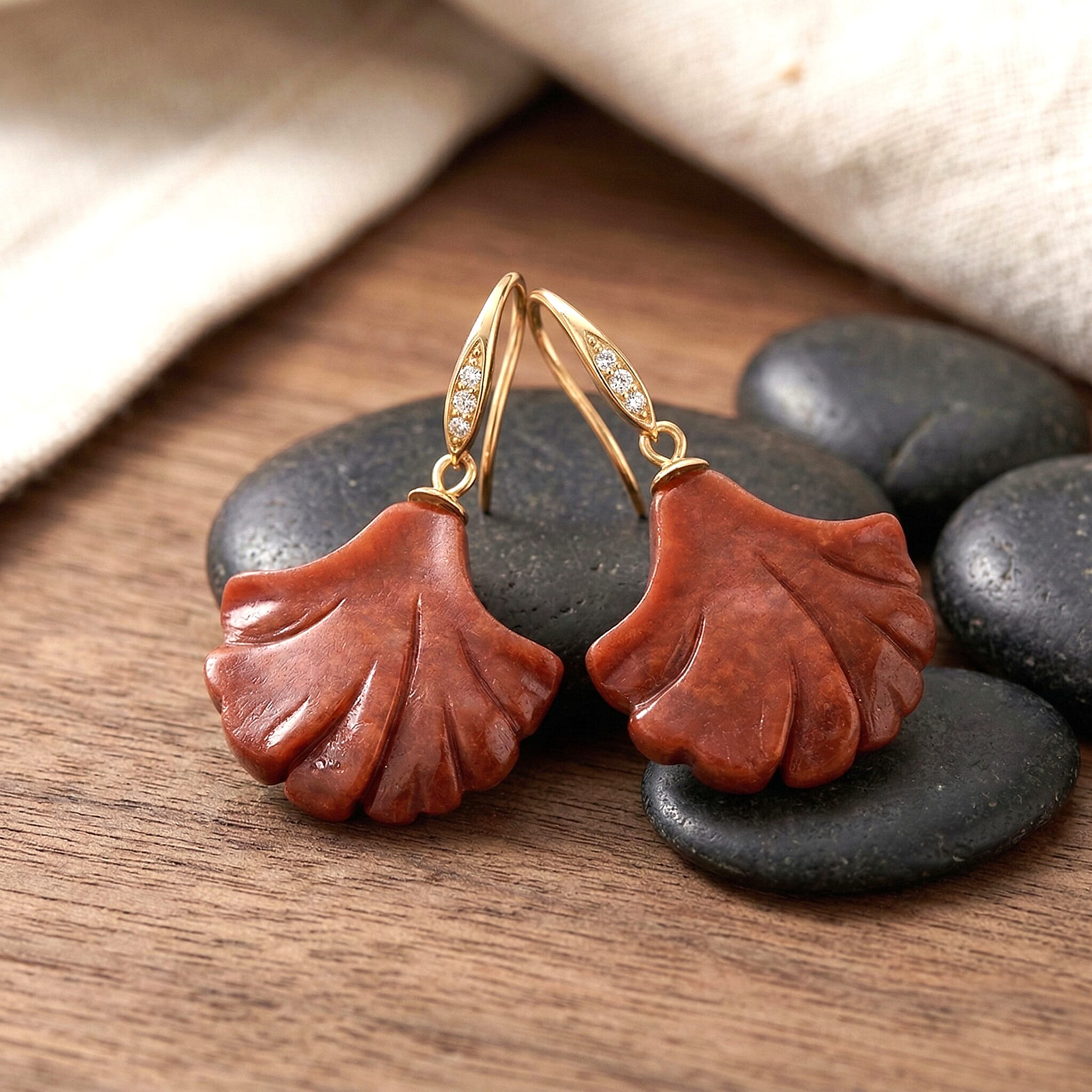 D'Joy Red Jade & White Cubic Zirconia Shell Drop Earring with Hook in Yellow Gold Plated Sterling Silver 32.00 Ct.