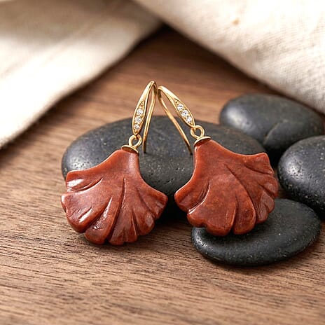 D'Joy Red Jade & White Cubic Zirconia Shell Drop Earring with Hook in Yellow Gold Plated Sterling Silver 32.00 Ct.