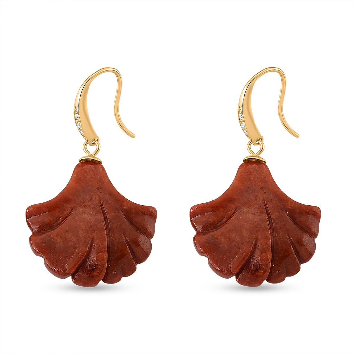 D'Joy Red Jade & White Cubic Zirconia Shell Drop Earring with Hook in Yellow Gold Plated Sterling Silver 32.00 Ct.