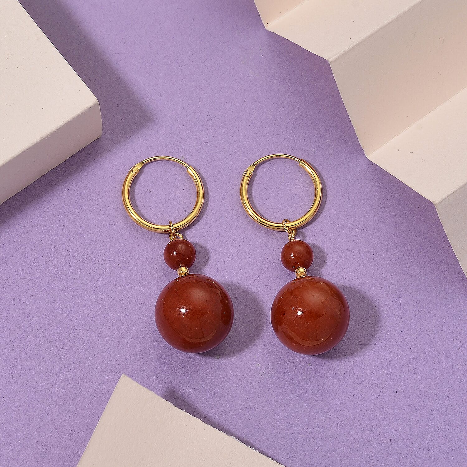 D'Joy Red Jade Beads Hoop Earring in Yellow Gold Plated Sterling Silver 30.00 Ct.